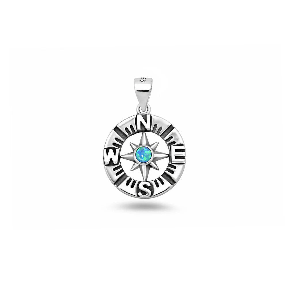 Sterling Silver Oxidized And Polished Blue Lab Opal Compass Pendant