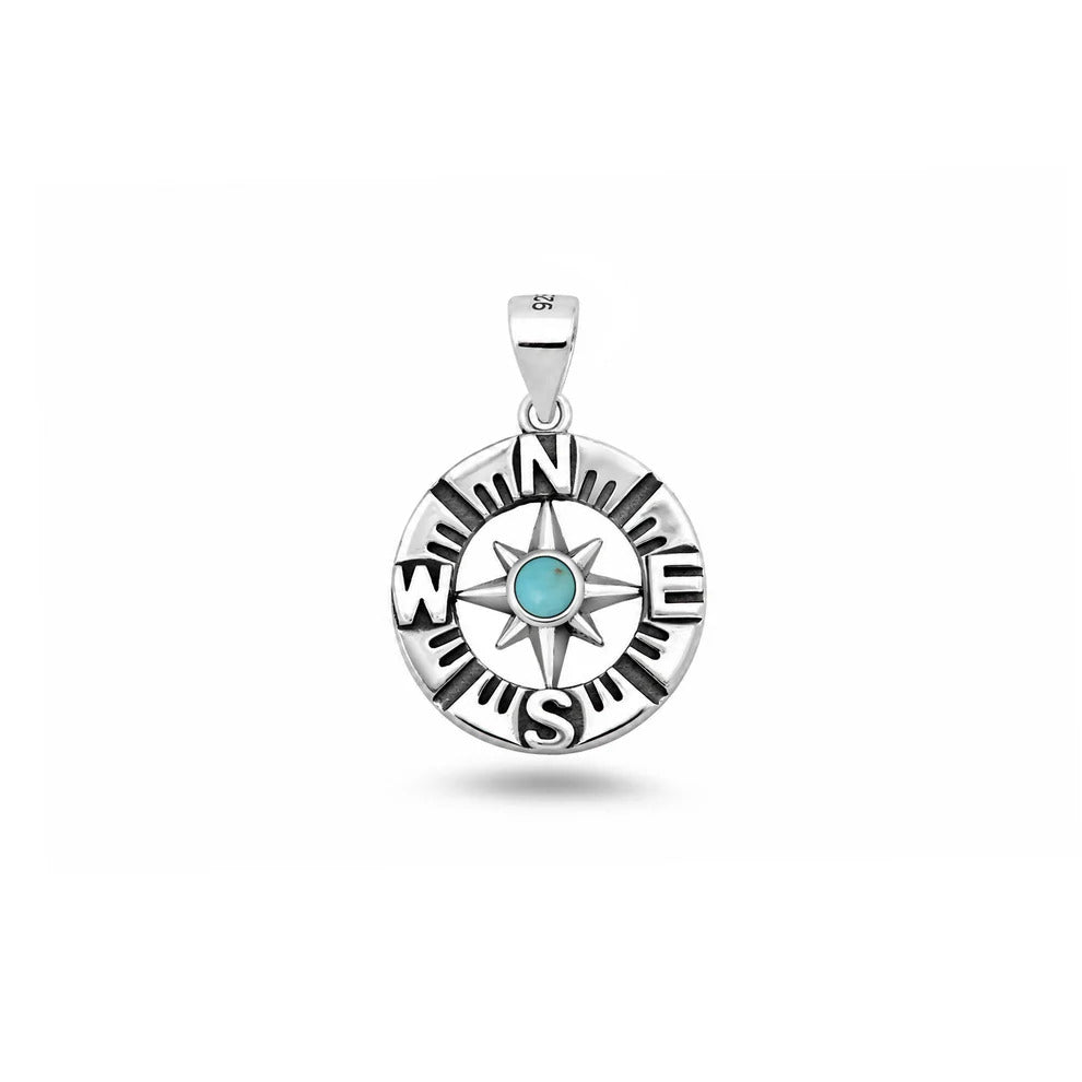 Sterling Silver Oxidized And Polished Turquoise Stone Compass Pendant
