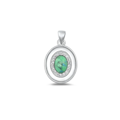 Sterling Silver Rhodium Plated Oval Genuine Turquoise And Clear CZ Stone Pendant