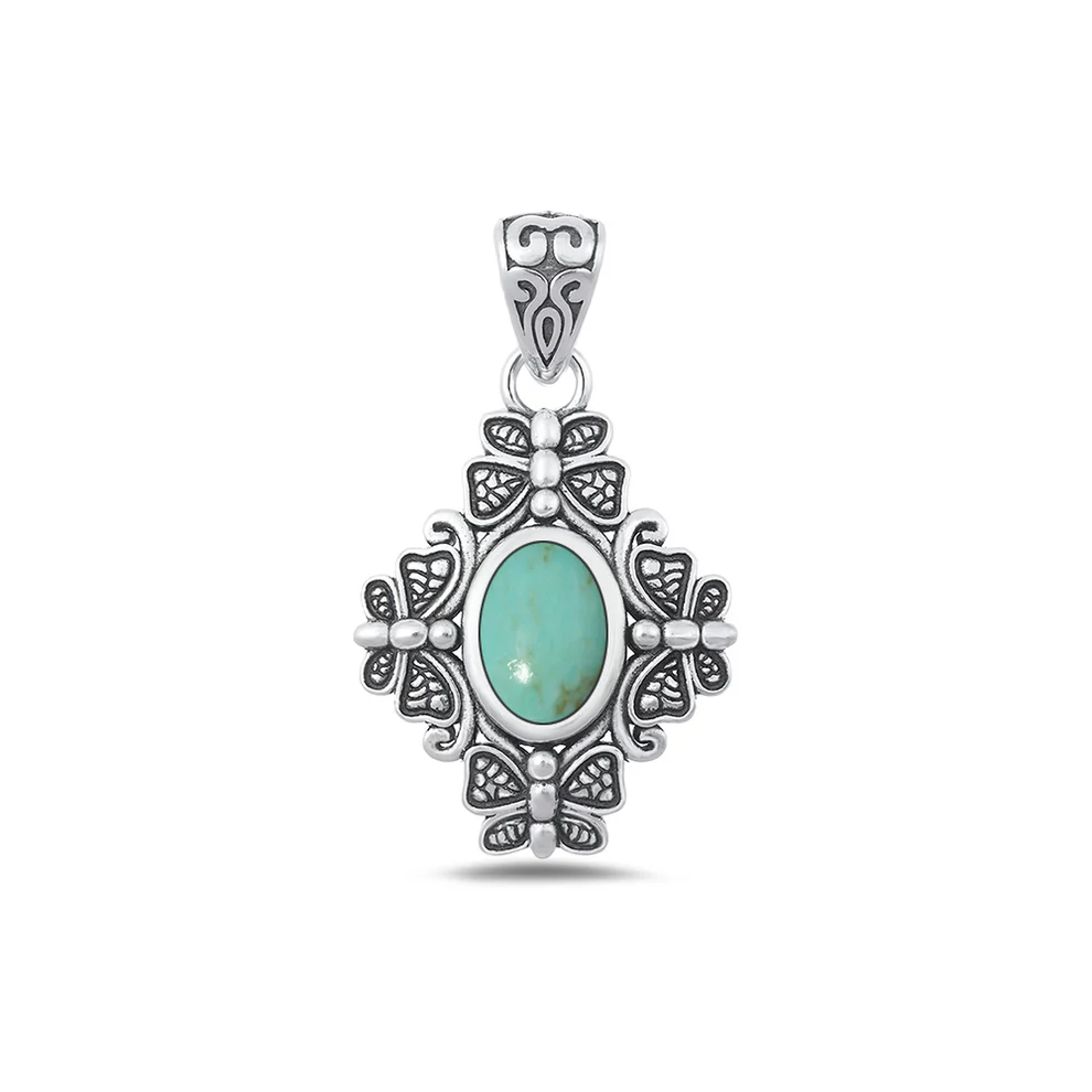 Sterling Silver Oxidized Butterfly Genuine Turquoise Stone Pendant
