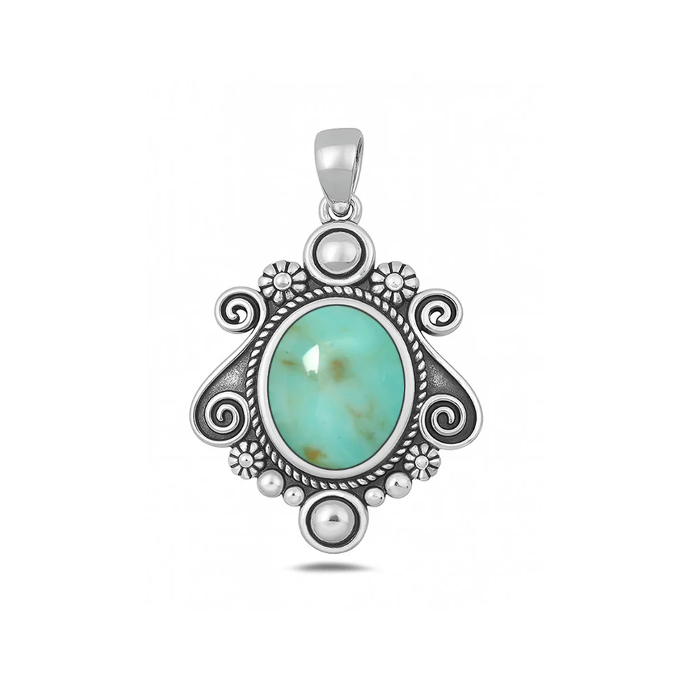 Sterling Silver Oxidized Bali Style Genuine Turquoise Stone Pendant