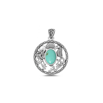 Sterling Silver Oxidized Ocean Life Genuine Turquoise Stone Pendant
