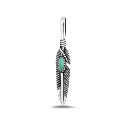 Sterling Silver High Polished And Oxidized Genuine Turquoise Feather Pendant