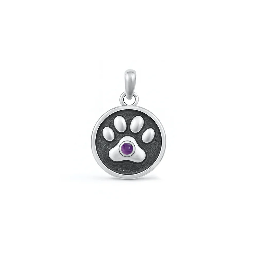 Sterling Silver Oxidized Paw Print Amethyst CZ Pendant