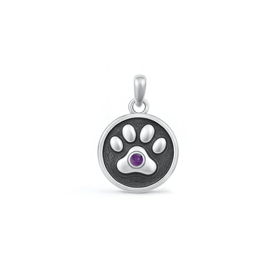 Sterling Silver Oxidized Paw Print Amethyst CZ Pendant