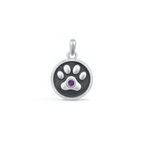 Sterling Silver Oxidized Paw Print Amethyst CZ Pendant