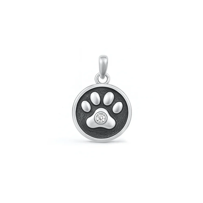 Sterling Silver Oxidized Paw Print Clear CZ Pendant