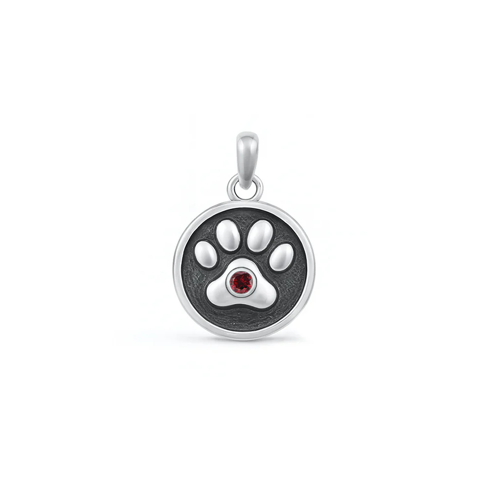 Sterling Silver Oxidized Paw Print Garnet CZ Pendant