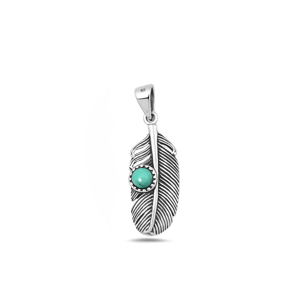 Sterling Silver Oxidized And Polished 24mm Feather Genuine Turquoise Stone Pendant