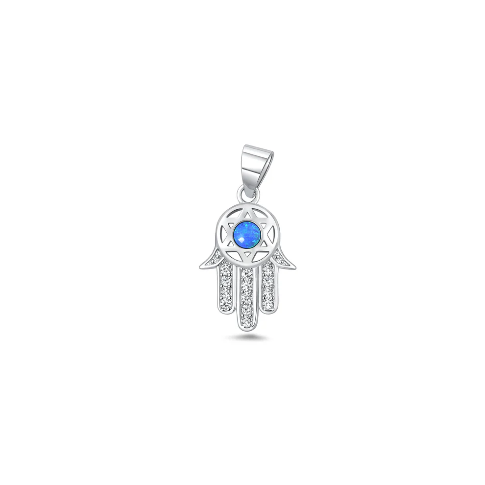 Sterling Silver Oxidized And Polished Hamsa Blue Lab Opal And Clear CZ Pendant