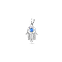 Sterling Silver Oxidized And Polished Hamsa Blue Lab Opal And Clear CZ Pendant