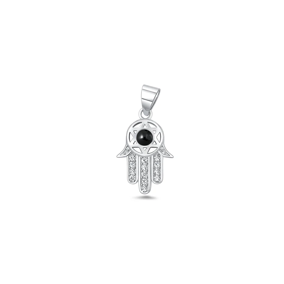 Sterling Silver Oxidized And Polished Hamsa Black Onyx Stone And Clear CZ Pendant
