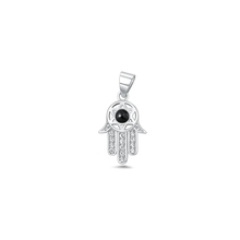 Load image into Gallery viewer, Sterling Silver Oxidized And Polished Hamsa Black Onyx Stone And Clear CZ Pendant