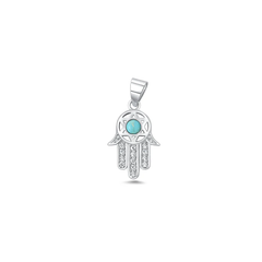 Sterling Silver Oxidized And Polished Hamsa Genuine Turquoise Stone And Clear CZ Pendant