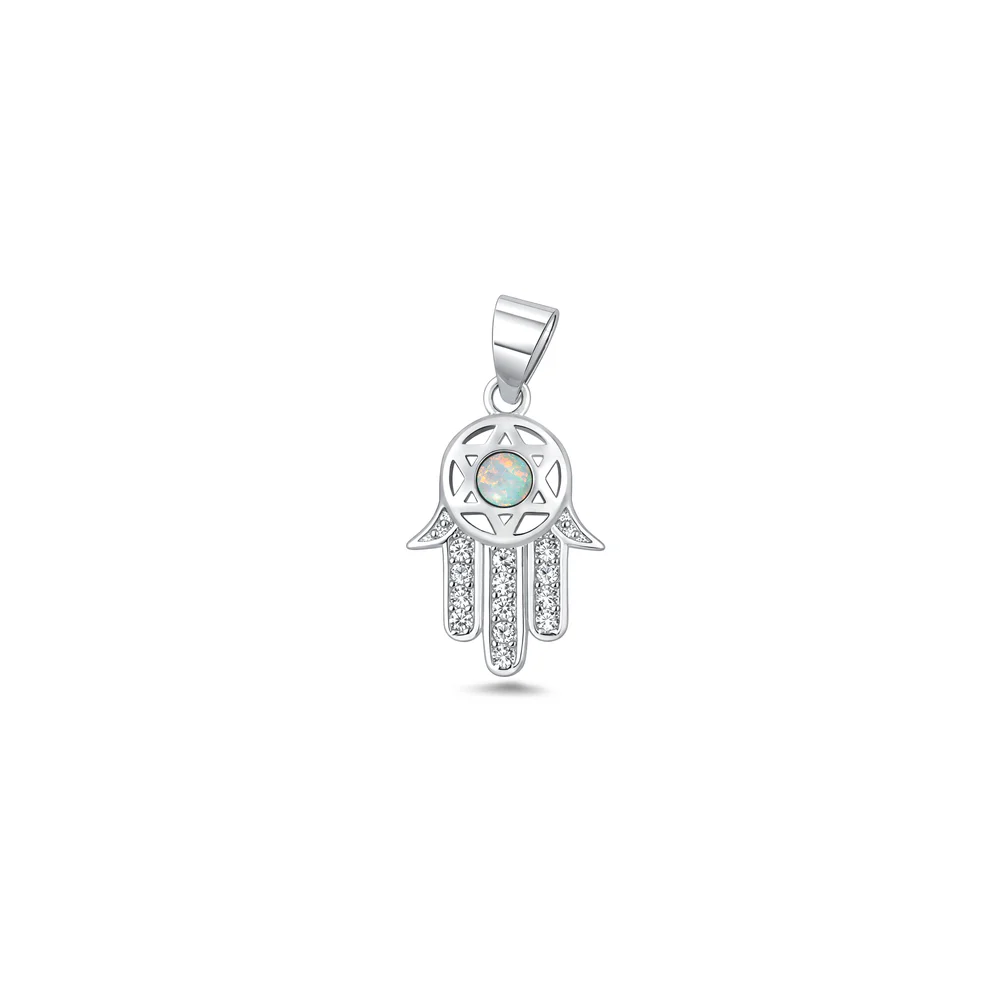 Sterling Silver Oxidized And Polished Hamsa White Lab Opal And Clear CZ Pendant