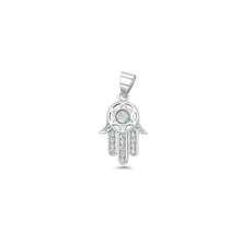 Load image into Gallery viewer, Sterling Silver Oxidized And Polished Hamsa White Lab Opal And Clear CZ Pendant