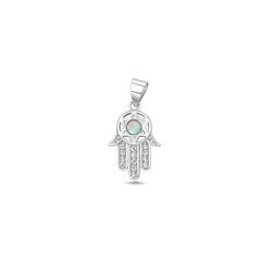 Sterling Silver Oxidized And Polished Hamsa White Lab Opal And Clear CZ Pendant