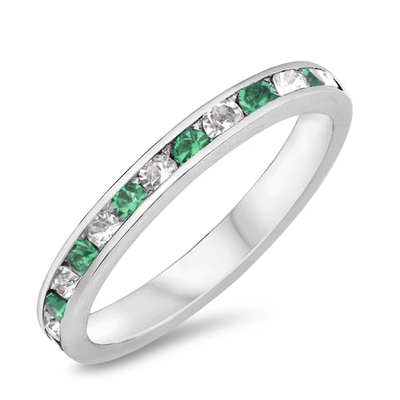 Sterling Silver Rhodium Plated Emerald And Clear Crystals Eternity Ring