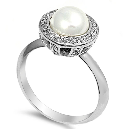 Sterling Silver Rhodium Plated Clear CZ And Pearl Half Ball Ring
