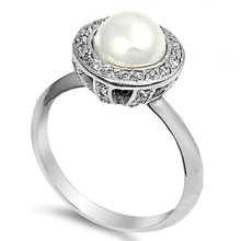 Load image into Gallery viewer, Sterling Silver Rhodium Plated Clear CZ And Pearl Half Ball Ring
