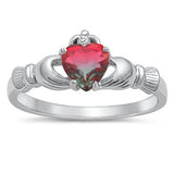 Sterling Silver Claddagh Watermelon Tourmaline and Clear CZ Ring