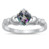 Sterling Silver Claddagh Rainbow Topaz CZ Ring