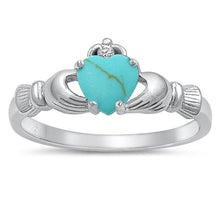 Load image into Gallery viewer, Sterling Silver Claddagh Simulated Turquoise CZ Ring