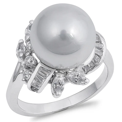 Sterling Silver Rhodium Plated Clear CZ And Pearl Flower Ring