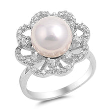 Load image into Gallery viewer, Sterling Silver Rhodium Plated Flower Clear CZ And Pearl Ring