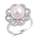 Sterling Silver Rhodium Plated Flower Clear CZ And Pearl Ring