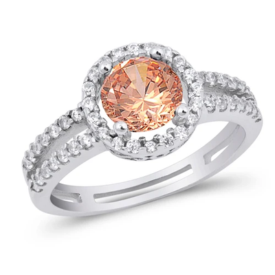 Sterling Silver Rhodium Plated Round Champagne And Clear CZ Ring