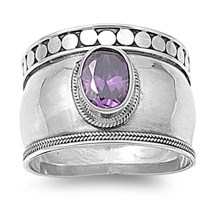 Sterling Silver Rhodium Plated Amethyst CZ Bali Design Ring