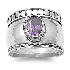 Sterling Silver Rhodium Plated Amethyst CZ Bali Design Ring