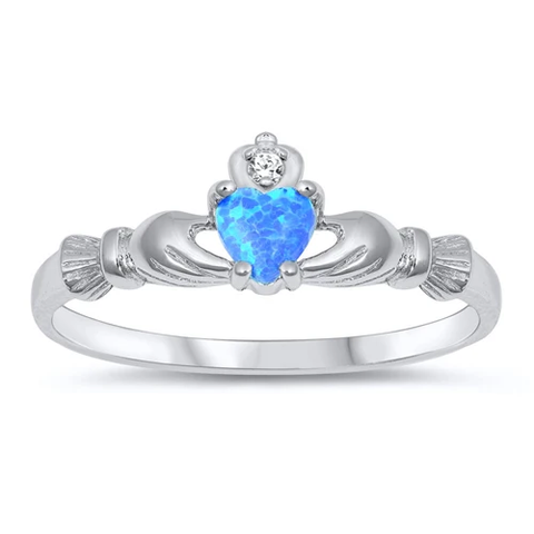 Sterling Silver Rhodium Plated Claddagh Blue Lab Opal And Clear CZ Ring