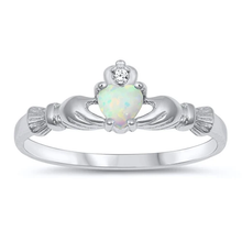 Load image into Gallery viewer, Sterling Silver Rhodium Plated Claddagh White Lab Opal And Clear CZ Ring