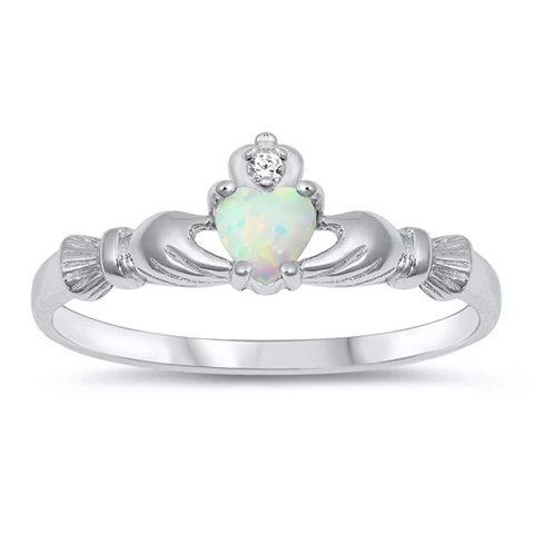 Sterling Silver Rhodium Plated Claddagh White Lab Opal And Clear CZ Ring