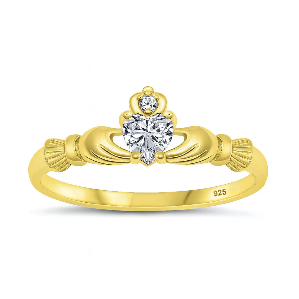 Sterling Silver Yellow Gold Plated Clear CZ Claddagh Ring