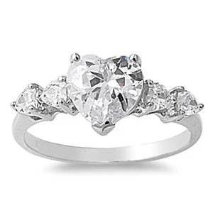 Sterling Silver Rhodium Plated Heart with Clear CZ Ring