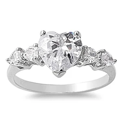 Sterling Silver Rhodium Plated Heart with Clear CZ Ring