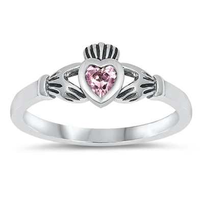 Sterling Silver Rhodium Plated Pink CZ Claddagh Ring