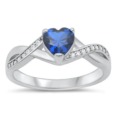 Sterling Silver Rhodium Plated Heart Blue Sapphire And Clear CZ Ring