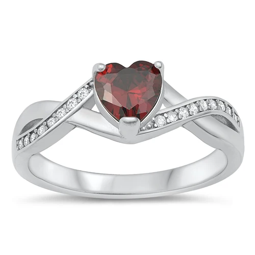 Sterling Silver Rhodium Plated Heart Garnet And Clear CZ Ring