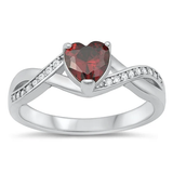 Sterling Silver Rhodium Plated Heart Garnet And Clear CZ Ring