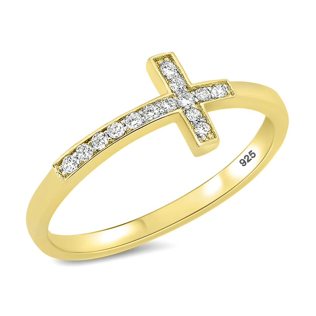 Sterling Silver Yellow Gold Plated Sideways Cross Clear CZ Ring
