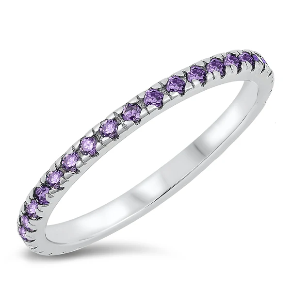 Sterling Silver Rhodium Plated Amethyst CZ Band Ring