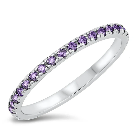 Sterling Silver Rhodium Plated Amethyst CZ Band Ring
