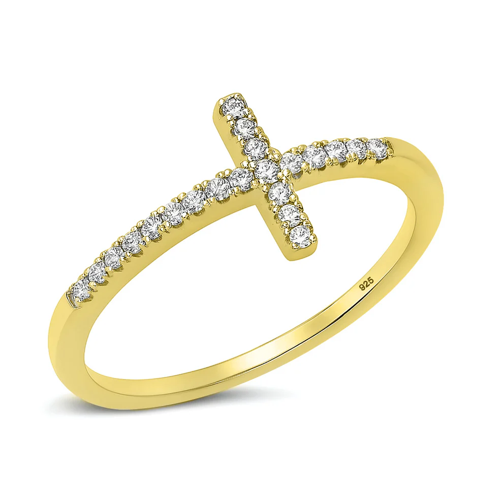 Sterling Silver Yellow Gold Plated Clear CZ Sideways Cross Ring