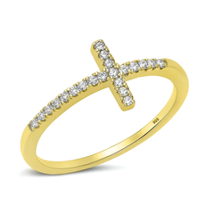 Sterling Silver Yellow Gold Plated Clear CZ Sideways Cross Ring