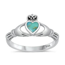 Load image into Gallery viewer, Sterling Silver Oxidized Claddagh Genuine Turquoise Stone Ring