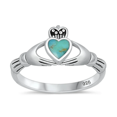 Sterling Silver Oxidized Claddagh Genuine Turquoise Stone Ring